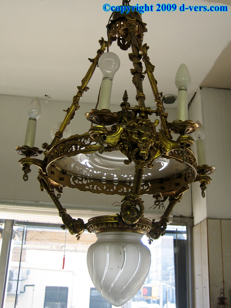Chandelier Antique Gas Light Bronze Lion Heads Etched Glass Chandelier Antique Gas Light Bronze Lion Heads Etched Glass